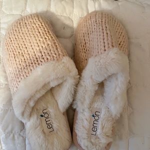 New lemon sweater and fur slippers